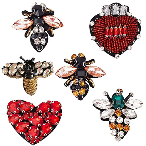 GORGECRAFT 6 Pezzi Toppe con Strass In Perline Cuore A Forma di Ape Tessuto Applique di Cristallo Toppe Termoadesive per Jeans Giacche Abbigliamento Scarpe Scrapbooking Borsetta Decorazione