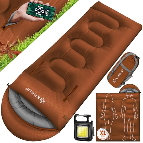 KESSER® Schlafsack Outdoor 220cm x 83cm | Deckenschlafsack 3-4 Jahreszeiten | Camping-Sleeping-Bag für Erwachsene | Leicht Tragbar Warm & Wasserabweisend inkl. Campinglampe & Seitentasche Braun