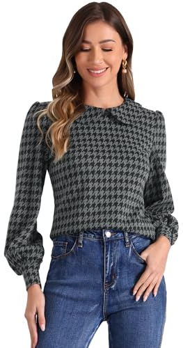 Allegra K Womens' Peter Pan Collar Houndstooth Plaid Long Sleeve Button Back Blouses Grey Black S