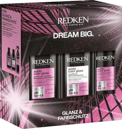 Redken Pflegeset mit Shampoo 300ml, Conditioner 300ml und Leave-In Spray 190ml für Reinigung und Farbschutz bei gefärbtem Haar, Mit Glanzkomplex & Hitzeschutz bis zu 230°C, Acidic Color Gloss