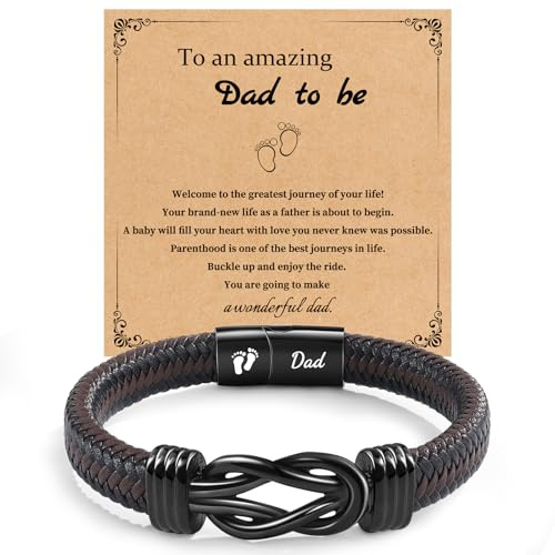CheersLife New Dad Gifts - Leather Bracelet for Daddy, First Time Daddy Gifts for Husband, Dad to be Present with Baby Footprints Charm Christmas Birthday Present for Him, First Fathers Day