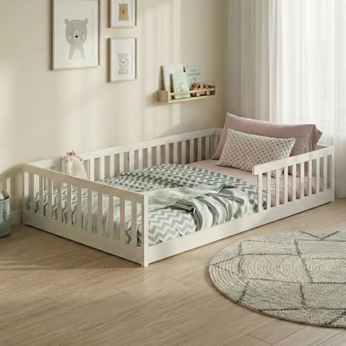 Kids Collective Kinderbett Bodenbett 140x200 cm mit Rausfallschutz & Lattenrost Montessori Bett Bed Gitterbett Kinder Jugendbett Einzelbett | weiß weitere Größen | 90x200 | 120x200 cm