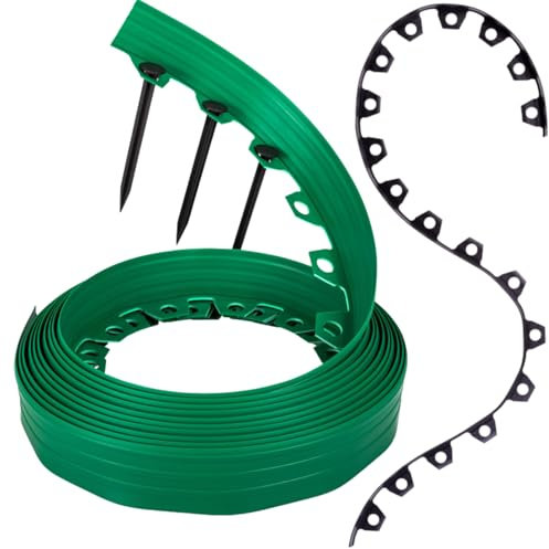 GARDENIX Bordure de pelouse Flexible en Plastique - Résistante aux intempéries - Ronde - Bordure de Parterre de Fleurs - Vert - 10 m - 20 piquets - Hauteur : 6 cm - pour Jardins et tondeuses Robots