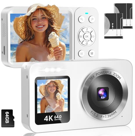 Digital Camera 4K 64MP with 64G SD Card, Front and Rear Dual Screens, 18X Digital Zoom Mini Compact Portable Vlogging Camera, 2 Batteries, for Kids Teen Students Girl Boy Beginner (White)