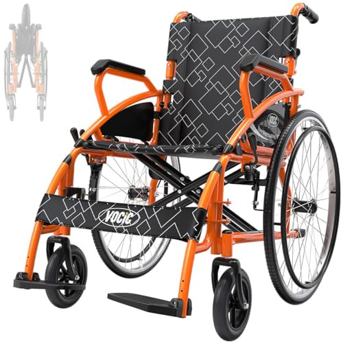 VOCIC U31 - Sedia a rotelle pieghevole leggera fino a 150 kg, design a doppio freno con trazione automatica per anziani (17,5 kg), da viaggio con ruota posteriore di 60 cm, colore: Arancione