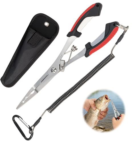 Long Nose Fishing Pliers with Scissors & Lanyard – Stainless Steel Needle Nose Pliers Hook Remover Tool, Multi-Function Fishing Accessories Pliers for Pike Fishing, Sea/Carp Angling with Sheath –Gifts
