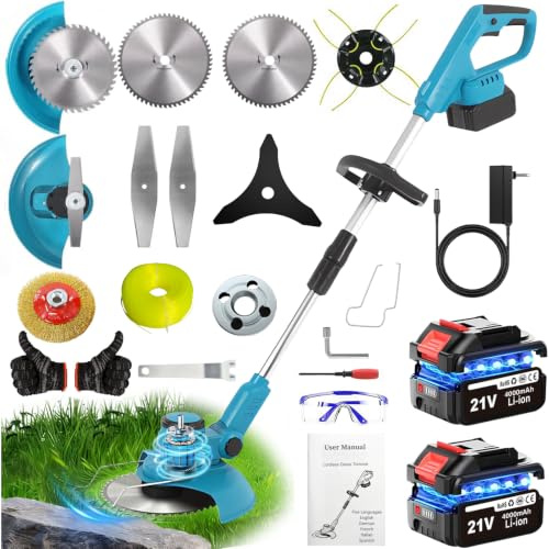 TOPALL Desbrozadora Bateria, Desbrozadora Electrica con 2*4Ah Baterías, Upgraded 1000W 20000RPM Brushless Motor, 5 Tipos Cuchillas y Cepillo Desherbar,Ancho Corte 20CM para Recortar Césped y Arbustos