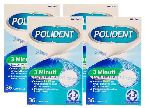 Pulitore Quotidiano 3 MINUTI Per Protesi Parziali e Totali. Pulizia Profonda e Veloce, Sistema 4 In 1. Confezione Da 36 Compresse (4 Confezioni)