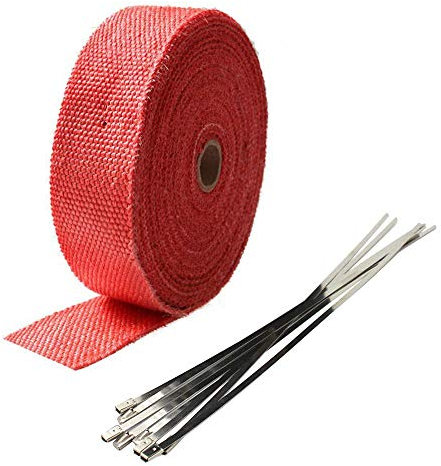 Mintice 5CM X 15M Rouge Bande Thermique Echappement Ruban Protection Bande Isolant Moto Tuyeau Collecteur d'échappement avec 6 Attaches Câble