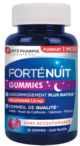 Forté Pharma - FortéNuit Gummies sommeil - 1,9 mg de Mélatonine et Plantes, GABA - Mieux dormir - Complément Alimentaire Sommeil – Endormissement Rapide et Sommeil de Qualité - 30 gommes, 1/jour