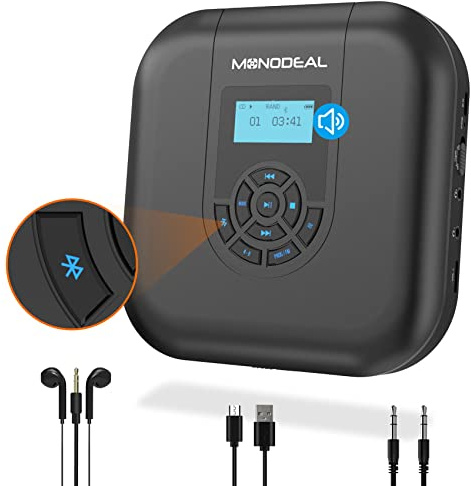 MONODEAL CD Player Portable, Bluetooth CD Player with Speakers and FM Transmitter, Rechargeable 1800mAh Player for Car and Home with LED Screen