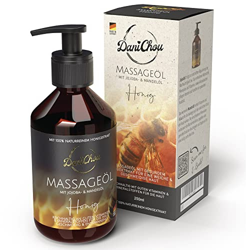 DaniChou Massageöl Honig 250ml - Naturreiner Honigextrakt - Pflegendes Massage Öl für geschmeidige Haut - Regenerierende Muskelentspannung & Skincare - Mit Jojobaöl & Mandelöl - 100% natürlich