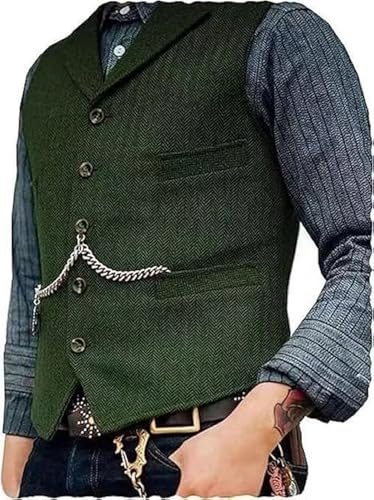 DREFEEL Gilet de costume classique en laine tweed pour homme, veste décontractée sans manches à chevrons pour smoking