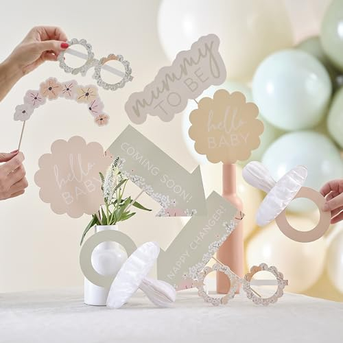Ginger Ray Baby Shower Photo Booth Props with Assorted Floral Designs on Wooden Dowels 10 Pack, Pastel