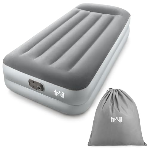 Single Air Bed With Built In Electric Pump and Pillow, Easy Inflate Deluxe Inflatable Mattress, Blow Up Camping Airbed, Flocked Waterproof Antimicrobial Guest Bed, I-Beam Support (191cm x 97cm x 46cm)