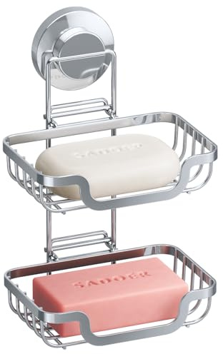 TAILI Suction Soap Dish & Hooks,Double Layer Drill-Free Sink Holder,Silver | Stainless Steel Sponge Tray for Shower,Max Hold 5KG Soap Holder for Bathroom,Wall Mounted Removable Metal Bathtub Organizer