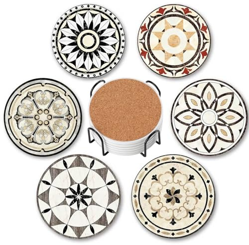 Baalaka Drink Coasters Set of 6 with Holder, Ceramic Absorbent Coaster for Drinks, Boho Coasters with Cork Base for Tabletop Protection, Coffee Table Decor 4 inches