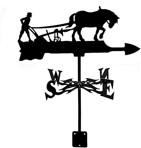 LYDSB Weathervane,Weather Vane Stainless Steel Weathervane Spray Paint Outdoor Sheds Iron Yard Direction Indicator Weathercock for Garden Patio Yard Ornament (Color : Horse Plough)