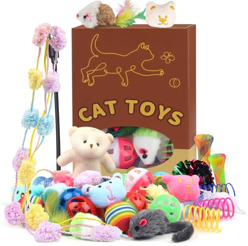 QUOZUO 30 Pièces Jouets Chat Interactif avec Plumes, Balles, Souris pour Chat et Boules, Chat Accessoire Jouet pour Chats Chaton, Boîte Cadeau