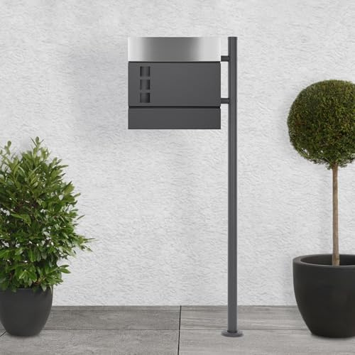 ECD Germany Buzón Independiente Antracita de Acero Inoxidable Exterior con Soporte Poste Casillero Moderno con Espacio para Revistas, Placa de Identificación, Ventanilla y Cerradura con Llave