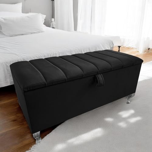 Harveys Living Ottoman Storage Box - Penal Style Engineered Wood Luxurious Plush Velvet Ottoman Storage Bench - (Black Plush, Legs)