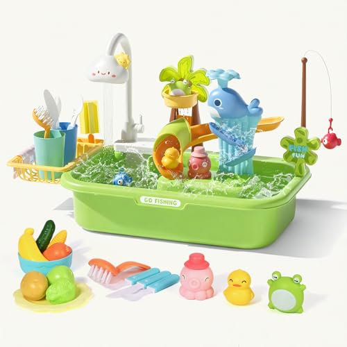 Evier Enfant avec Eau, Apritsce Montessori Lavabo Enfant, Ustensile Cuisine avec Jeu de Pêche pour Jeu de Rôle