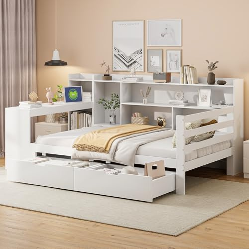 Lexiou Sofá cama de madera maciza, 90 x 200 cm, con escritorio, estantería, estantes y estantes, con enchufe, con 2 compartimentos grandes, cama de madera multifuncional