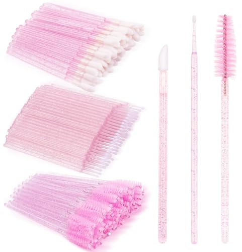 200Pcs Eyelash Extension Kit, Lash Spoolies Extension Supplies Eyebrow Brush Mascara Wands Lip Brushes Applicators Disposable Micro Swab Brushes for Lash Extensions Brow Lamination Kit, Crystal Pink