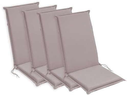 sleepling Hochlehner Auflagen 4er Set, Bequeme Gartenstuhlauflagen, Sitzauflagen Gartenmöbel 120x50 cm, 6 cm dick, waschbar, Befestigungsbänder, Taupe
