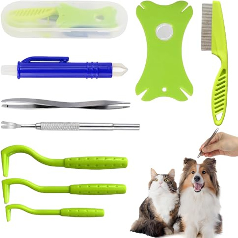 Cuworlis Tick Removal Tool 8 in 1 with Storage Box, Flea Comb, Magnifying Glass, Tick Tweezers, Dog Tick Remover Tool Tick Removal Kit Tick Removal Tool for Dogs Cats Pet Tick Comb