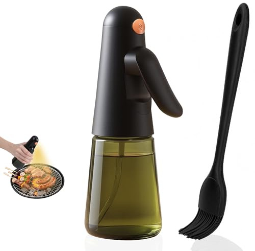 Euqvunn Ölsprüher für Speiseöl - 200 ml lichtblockierende Glas-Olivenöl-Sprühflasche, 360° Anti-Auslauf-Design, Sprühflasche Öl für Küche, Heißluftfritteusen, Salate, Grillen, mit Öl-Bürste (Schwarz)