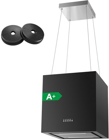 SNDOAS Hotte Ilot Central, 800m³/h, Hotte Aspirante 40cm avec 2 Filtres à Charbon, 3 Vitesses + Fonction Boost, Arrêt Retardé (5 minutes), Éclairage LED, Noire