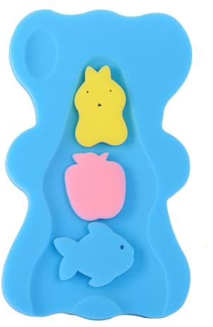 Baby Bath Sponge with Support Pillow, Anti-Slip Foam Baby Bath Cushion & Holder, Antimicrobial Blue Bath Mat for Infant Care & Newborn