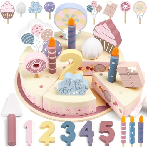 Pasteles de Madera Juguete,Juguete de Madera para Tarta de Cumpleaños,Juguete de madera Accesorios de Cocina y Juego de Fiesta de Té,Tarta de Cumpleaños Juguete juego de rol para3 4 5 Años Niños Niñas