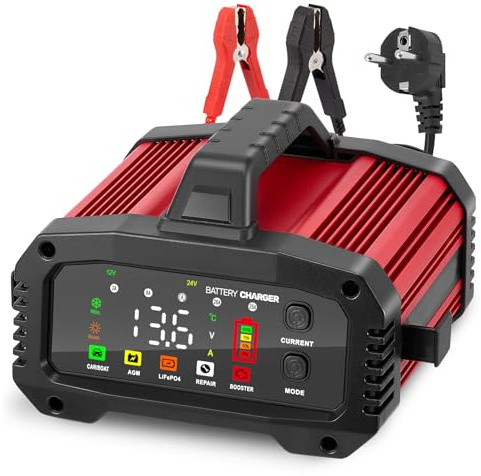 25A Caricabatteria da Auto, Caricabatterie per Auto LiFePO4 12V 24V, Caricabatteria portatile, Intelligente Schermo LED Caricabatteria per Auto Moto Camion, AGM, Gel, SLA