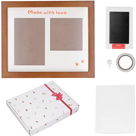 OVAQUIXI Juego de Huellas de Manos para Bebés, Hermoso Marco de Fotos, Tinta Negra, Kit de Impresión para Recién Nacidos para Madres y Bebés (Marco de fotos marrón)