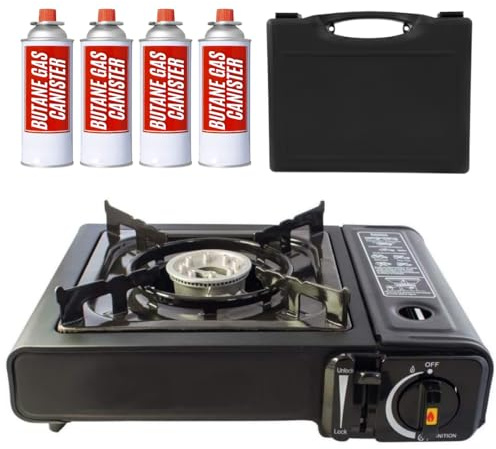 Trendi Portable Camping Stove with 4 Gas Canisters – Complete Outdoor Cooking Set with Carry Case, EN417 Gas Compatibility, Auto Ignition & Adjustable Flame
