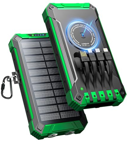 Power Bank Solare 26800mAh con 4 Cavi, Caricabatterie Solare Portatile Wireless Batteria Esterna USB-C 15W Ricarica Rapida 6 Uscite 3 Ingressi per Telefono, Power Bank con Torcia, Moschettone