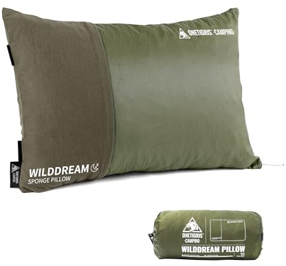 OneTigris WILDDREAM Campingkudde, kudde av krossat litet minnesskum, komprimerbar resekudde för utomhus, ryggsäcksturism och bil (43 x 30 x 13 cm)