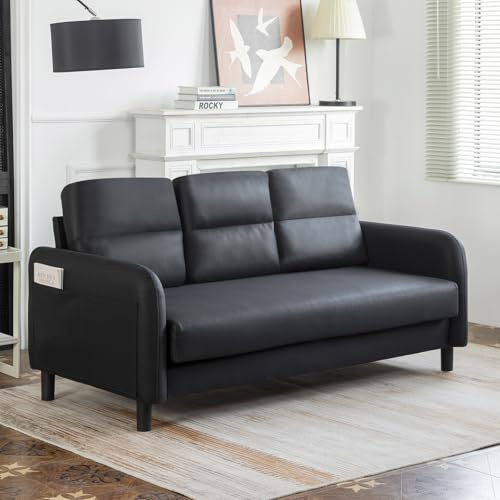 Komtopod Sofa 3 Seater Living Room 68'' Black Sofas Couches with 3 Throw Pillows and 4 Wooden Legs, Deep Seat Sofas for Home Office
