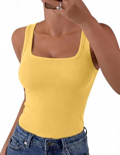 Aottori Canotta Donna Elegante Estiva Canottiera a Coste Scollo Quadrato Tops Senza Maniche Spalla Larga Sottogiacca Traspirante Tinta Unita Giallo M