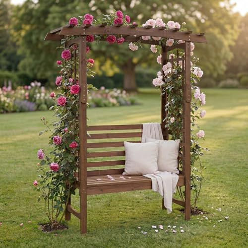 Mendler Arco de rosas con banco HWC-Q21, arco de jardín, banco de jardín, madera, certificado FSC®, 201 x 160 x 60 cm, color marrón oscuro