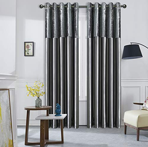 ROOEE Crushed Velvet Faux Silk Curtains - Eyelet Ring Top and Fully Lined (Charcoal Grey, 46 Wide x 54 Drop)