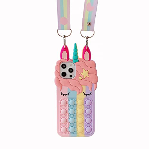 CrazyLemon Hülle für iPhone SE 2020 / iPhone 7/ iPhone 8, Bubble Silikon Handyhülle Weich Einhorn Schutzhülle mit Schlüsselband Rucksackgurt für iPhone 7/8/SE 2020 - Regenbogen