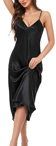 Litherday Women Silk Nightdress Lingerie Long Negligees Satin Chemise Nighty Nightwear Nightgown Full Slips Babydoll Sleepwear Strap Dress(Black,L