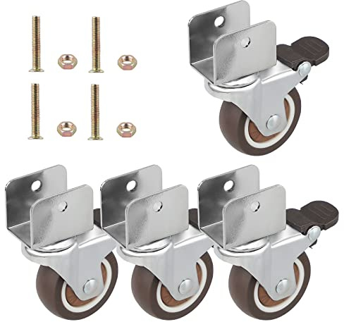 DBREAKS 4Pcs Ruedas de Silencio Ø50MM para Muebles en Forma de U, Apertura de Placa 25MM, Giratoria con Freno, , de Goma con Tornillos, Carga 100KG Total