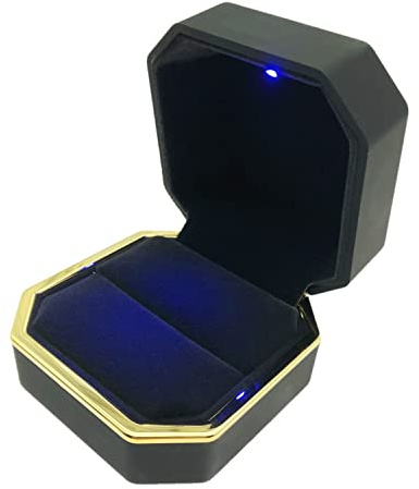 JZK Boîte à bague carrée en velours noir avec lumière LED pour bague de mariage avec lumière LED