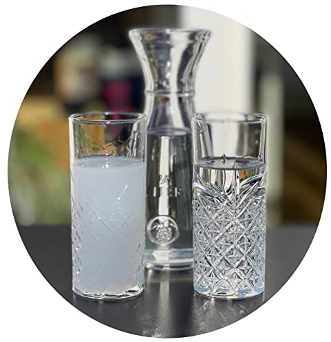 Topkapi 200.373 – Set di 3 pezzi in vetro per Raki/Ouzo Bodrum, 2 bicchieri originali Raki Ouzo in cristallo e una caraffa, Raki godimento della passione