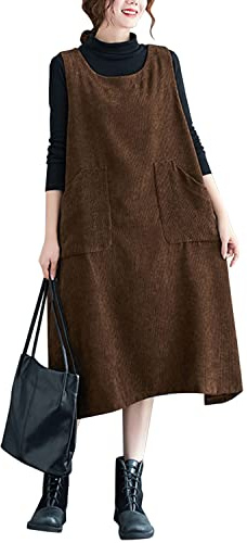 Petalum Robe Salopette Femme Velour Côtelé Grande Taille Maxi Décontracté Jupe Salopette Longue à Bretelle sans Manche Style Vintage Classique Casual avec Poche pour Automne Hiver