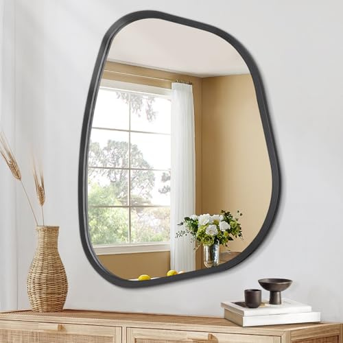 HLFMVWE Schwarzer Asymmetrischer Spiegel Großer 50 x 40 cm Unregelmäßiger Ovaler Wandspiegel Moderner Holzrahmen Wand befestigter Spiegel Dekorativ für Wohnzimmer Schlafzimmer Badezimmer